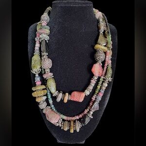 Vintage Silver Deluxe Multi Gemstone Beaded Estate Necklace Three Strands 211 Gr